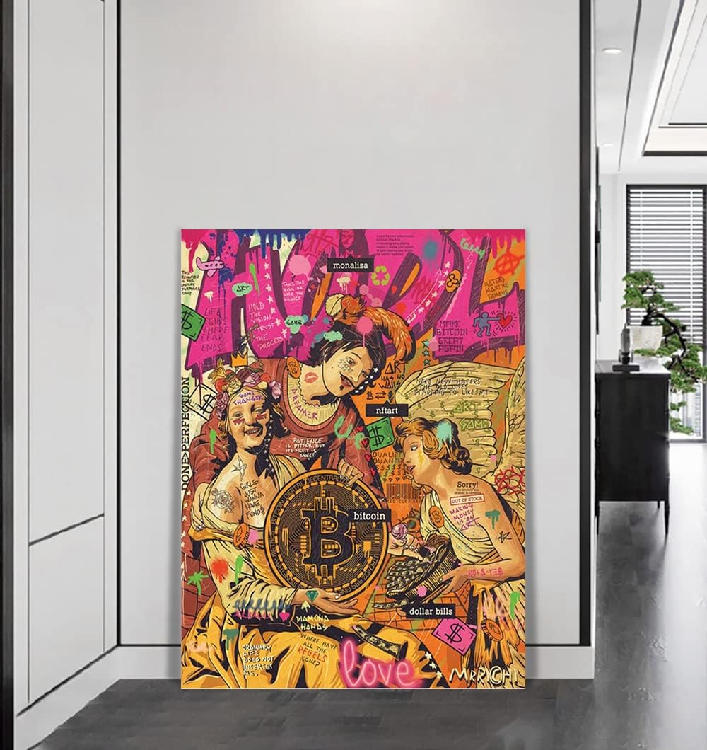 MAMAGO Modern Canvas Wall Art Graffiti Bitcoin and Angel Prints Painting Abstract Colorful Street Pop Art Poster Home Decor for Living Room Bedroom Office Wall Decor Framed Easy to Hang-28 x 44 inch