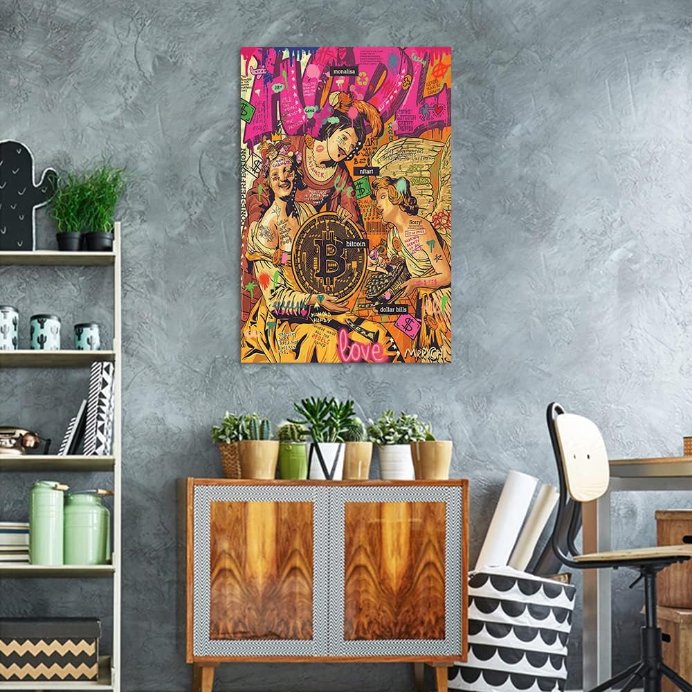 MAMAGO Modern Canvas Wall Art Graffiti Bitcoin and Angel Prints Painting Abstract Colorful Street Pop Art Poster Home Decor for Living Room Bedroom Office Wall Decor Framed Easy to Hang-28 x 44 inch