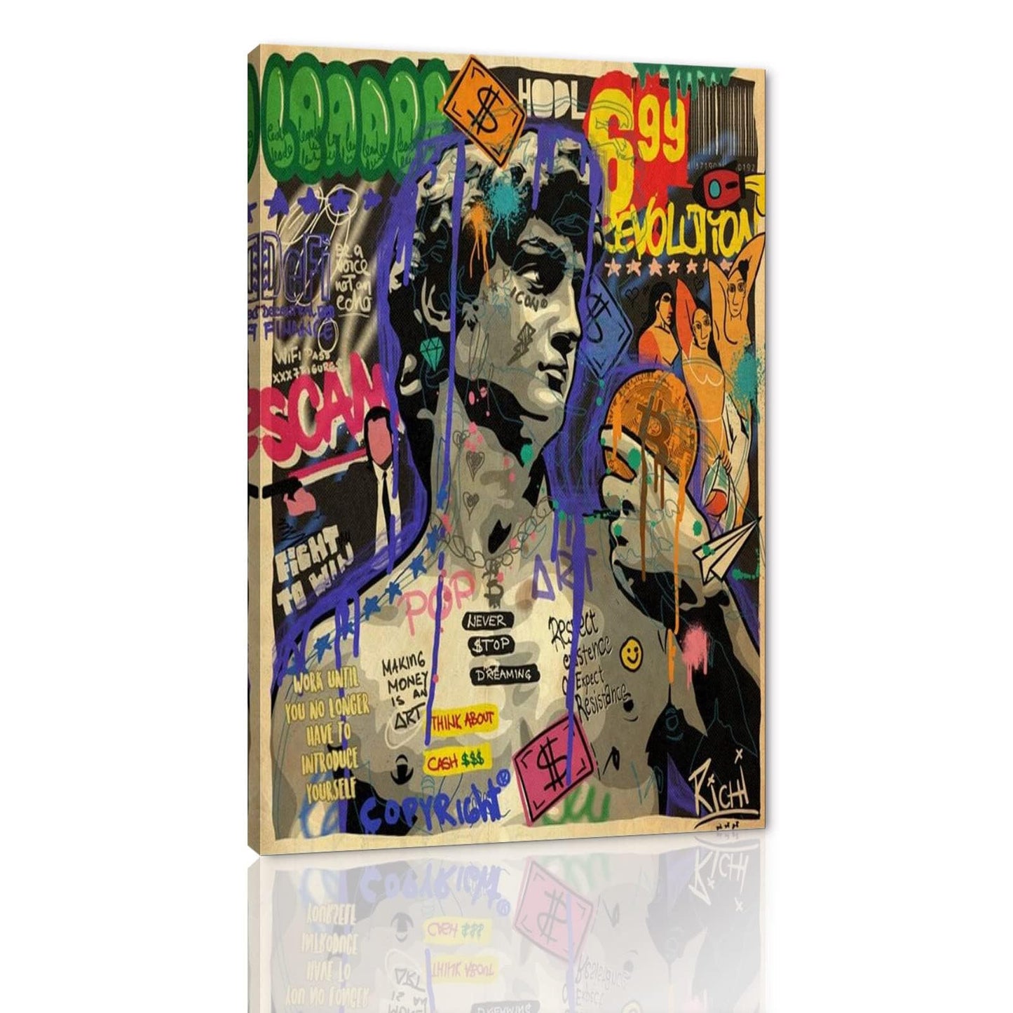 MAMAGO Modern Canvas Wall Art Graffiti Bitcoin and Angel Prints Painting Abstract Colorful Street Pop Art Poster Home Decor for Living Room Bedroom Office Wall Decor Framed Easy to Hang-28 x 44 inch