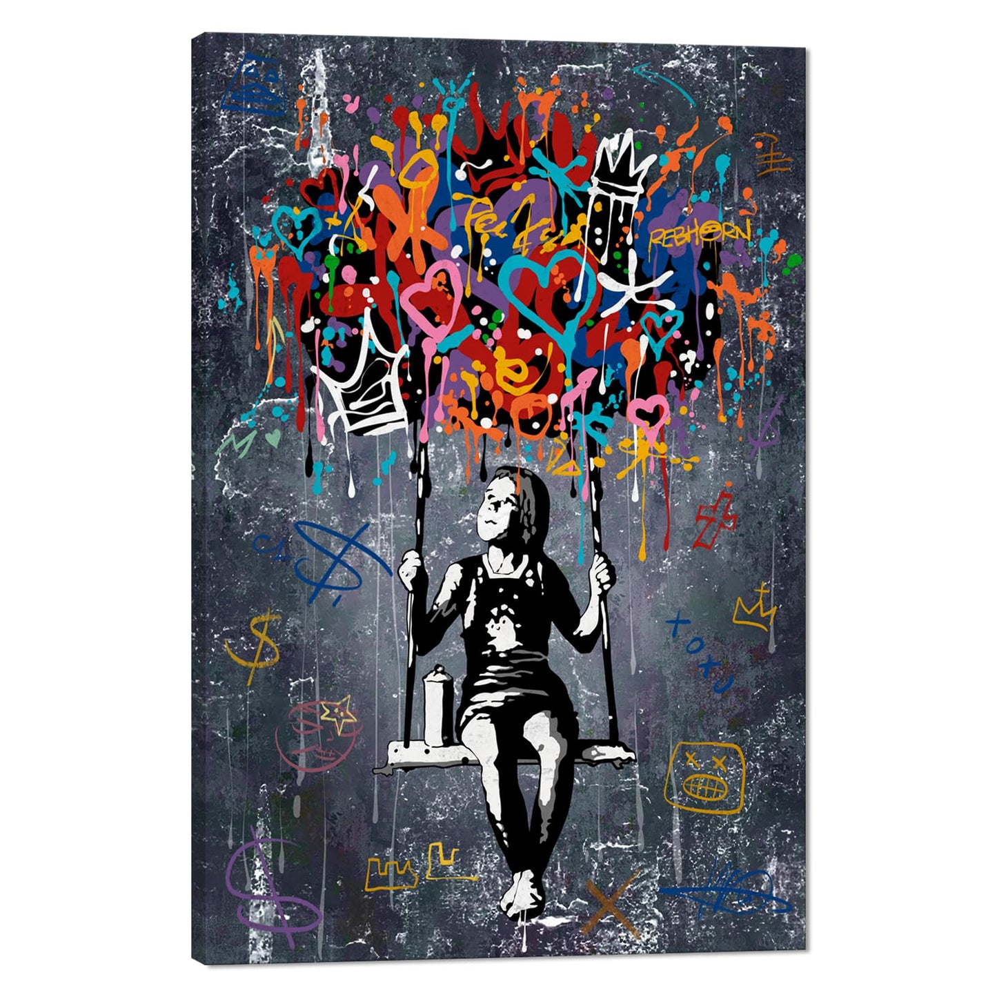 MAMAGO Modern Canvas Wall Art Graffiti Bitcoin and Angel Prints Painting Abstract Colorful Street Pop Art Poster Home Decor for Living Room Bedroom Office Wall Decor Framed Easy to Hang-28 x 44 inch