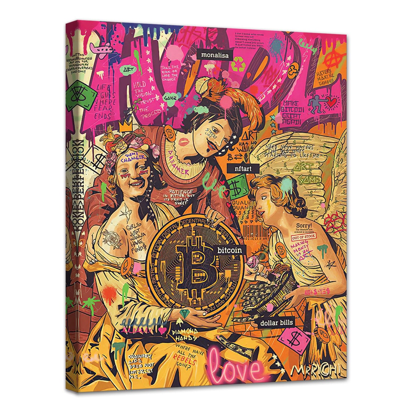 MAMAGO Modern Canvas Wall Art Graffiti Bitcoin and Angel Prints Painting Abstract Colorful Street Pop Art Poster Home Decor for Living Room Bedroom Office Wall Decor Framed Easy to Hang-28 x 44 inch