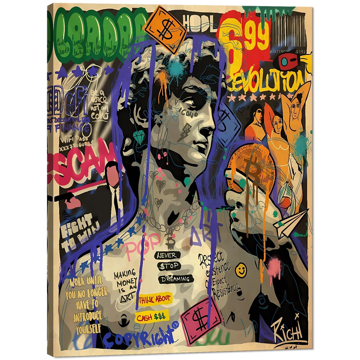 MAMAGO Modern Canvas Wall Art Graffiti Bitcoin and Angel Prints Painting Abstract Colorful Street Pop Art Poster Home Decor for Living Room Bedroom Office Wall Decor Framed Easy to Hang-28 x 44 inch