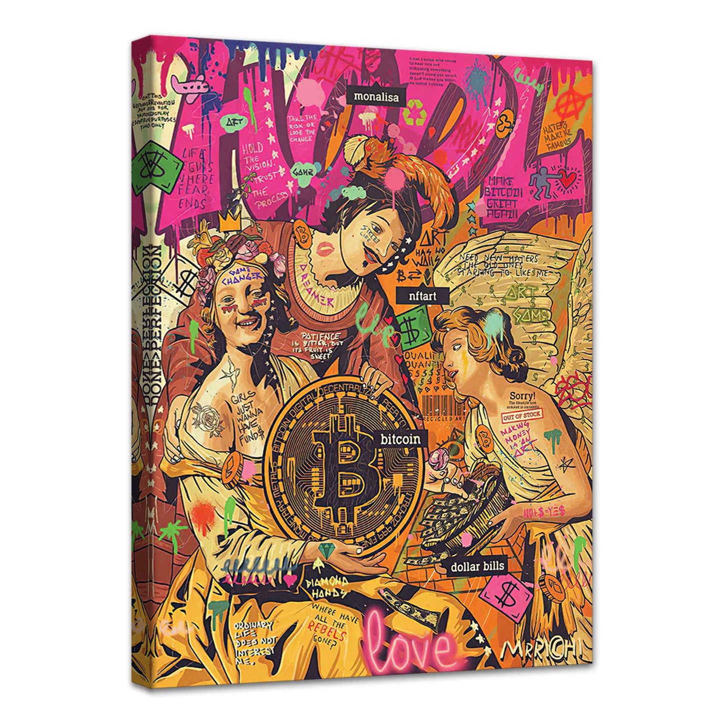 MAMAGO Modern Canvas Wall Art Graffiti Bitcoin and Angel Prints Painting Abstract Colorful Street Pop Art Poster Home Decor for Living Room Bedroom Office Wall Decor Framed Easy to Hang-28 x 44 inch