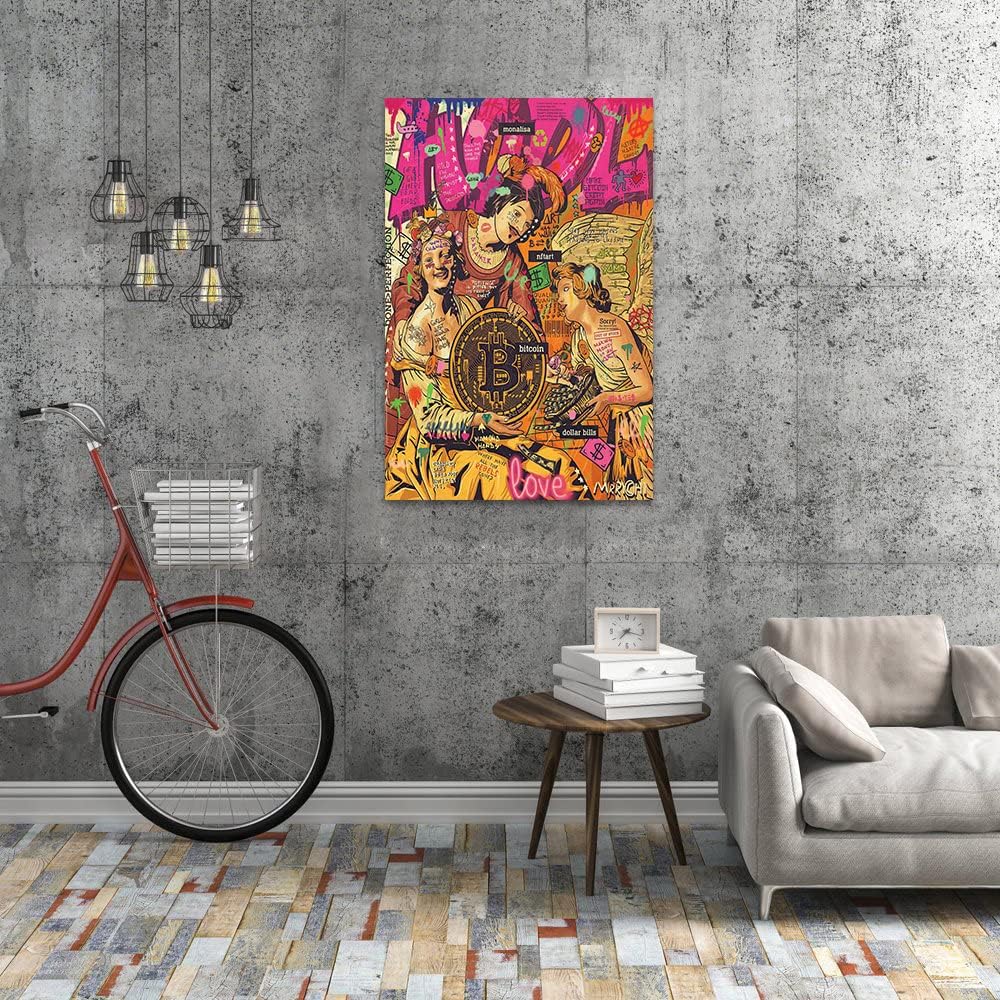 MAMAGO Modern Canvas Wall Art Graffiti Bitcoin and Angel Prints Painting Abstract Colorful Street Pop Art Poster Home Decor for Living Room Bedroom Office Wall Decor Framed Easy to Hang-28 x 44 inch
