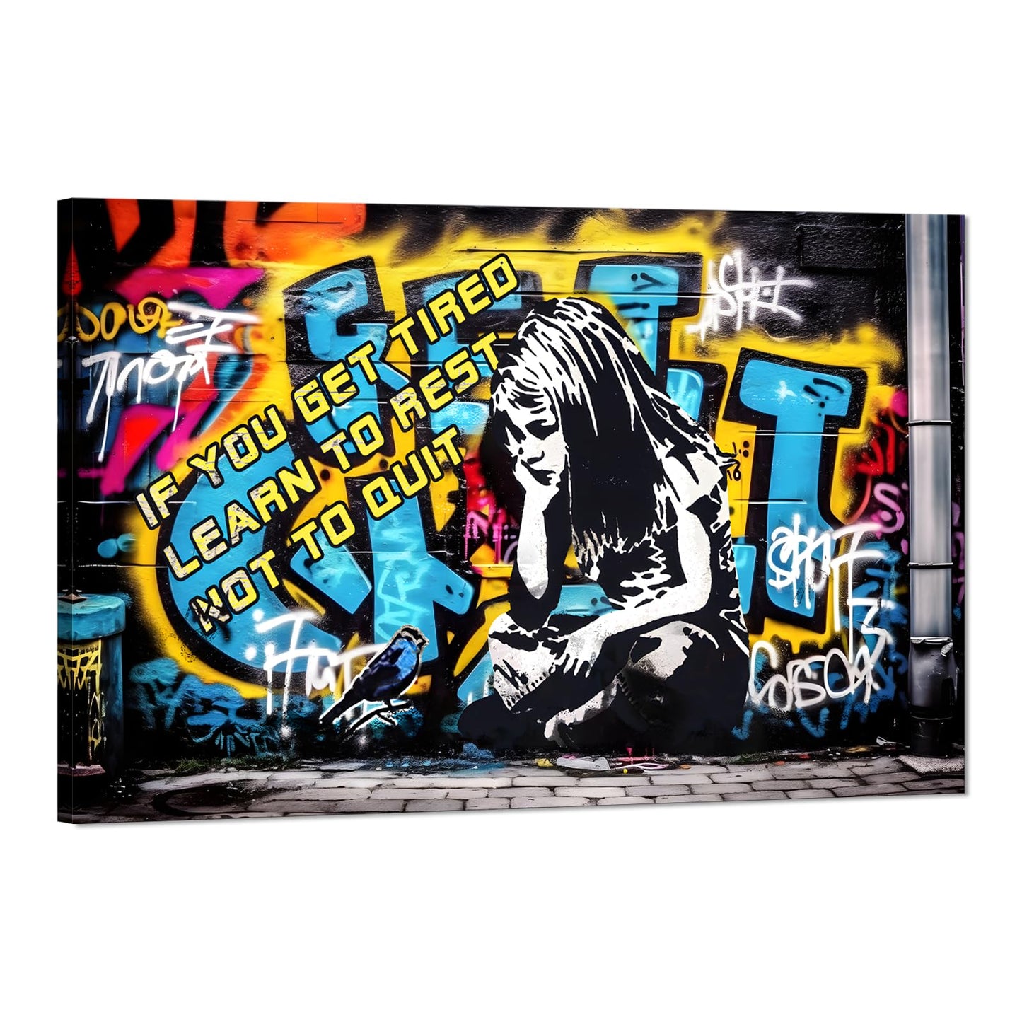 MAMAGO Modern Canvas Wall Art Graffiti Bitcoin and Angel Prints Painting Abstract Colorful Street Pop Art Poster Home Decor for Living Room Bedroom Office Wall Decor Framed Easy to Hang-28 x 44 inch