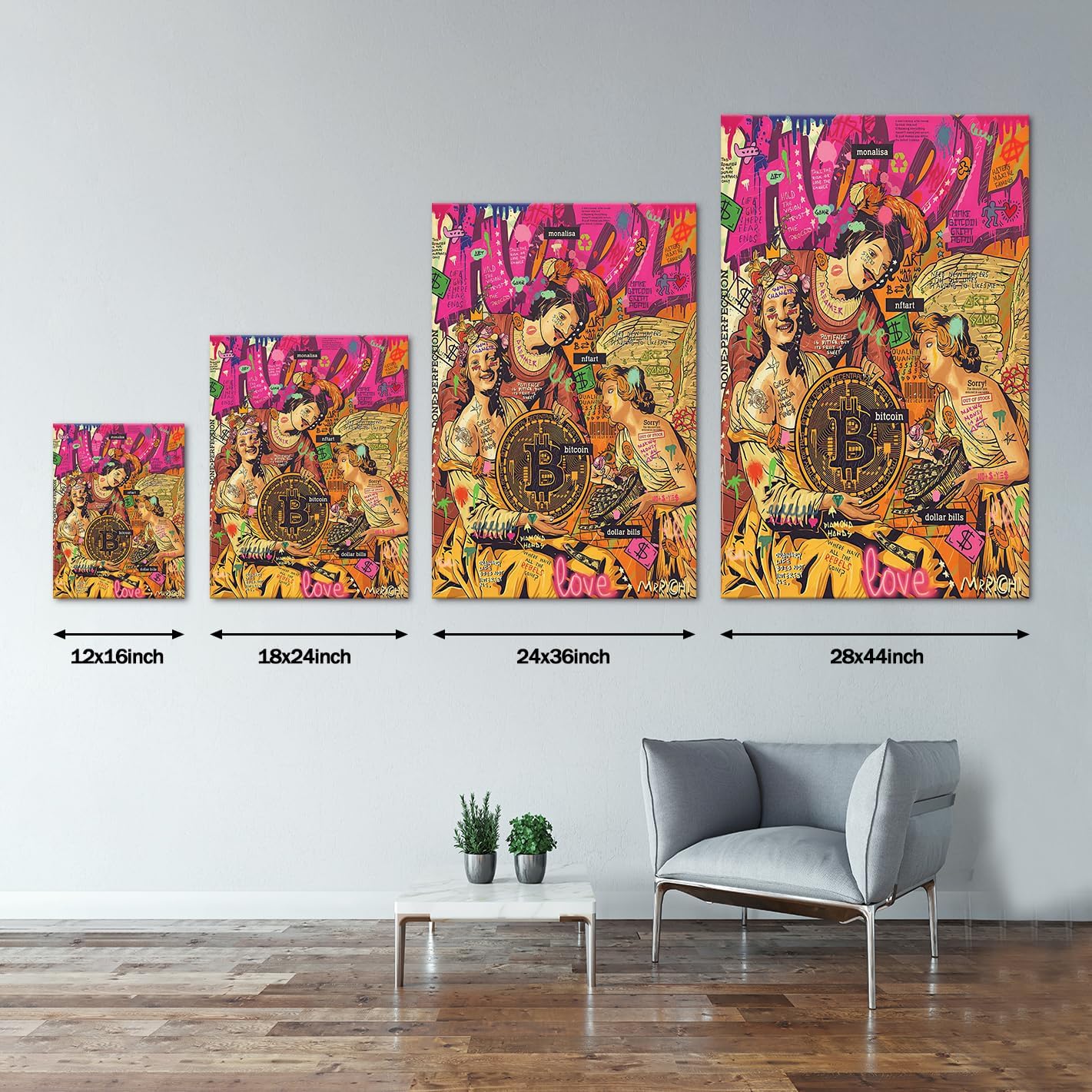MAMAGO Modern Canvas Wall Art Graffiti Bitcoin and Angel Prints Painting Abstract Colorful Street Pop Art Poster Home Decor for Living Room Bedroom Office Wall Decor Framed Easy to Hang-28 x 44 inch