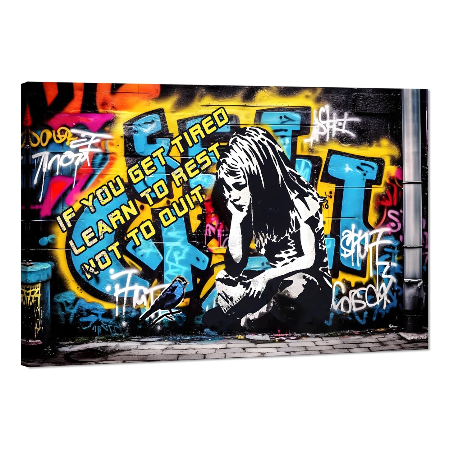 MAMAGO Modern Canvas Wall Art Graffiti Bitcoin and Angel Prints Painting Abstract Colorful Street Pop Art Poster Home Decor for Living Room Bedroom Office Wall Decor Framed Easy to Hang-28 x 44 inch
