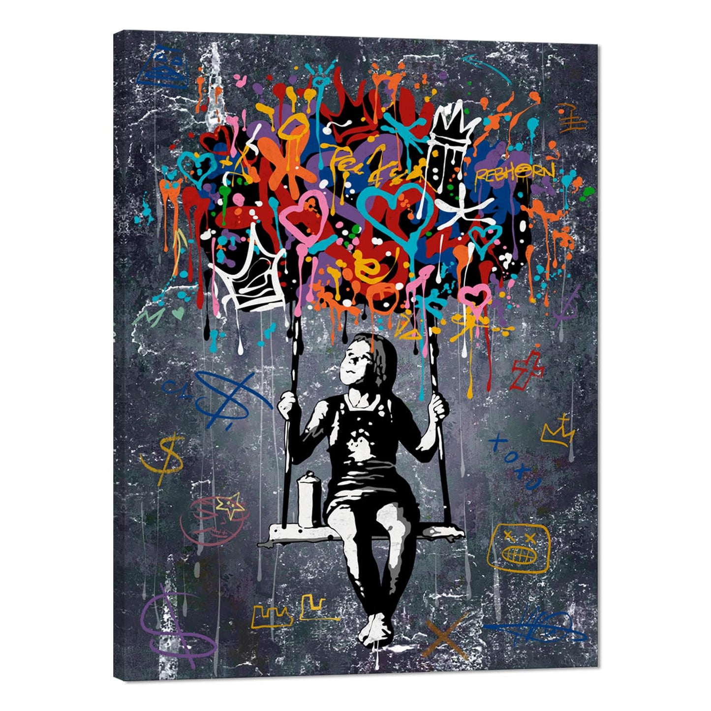 MAMAGO Modern Canvas Wall Art Graffiti Bitcoin and Angel Prints Painting Abstract Colorful Street Pop Art Poster Home Decor for Living Room Bedroom Office Wall Decor Framed Easy to Hang-28 x 44 inch