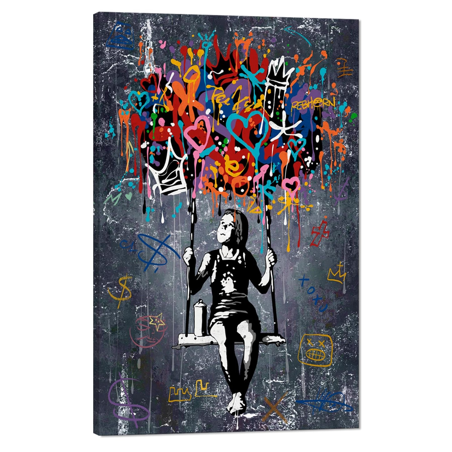 MAMAGO Modern Canvas Wall Art Graffiti Bitcoin and Angel Prints Painting Abstract Colorful Street Pop Art Poster Home Decor for Living Room Bedroom Office Wall Decor Framed Easy to Hang-28 x 44 inch