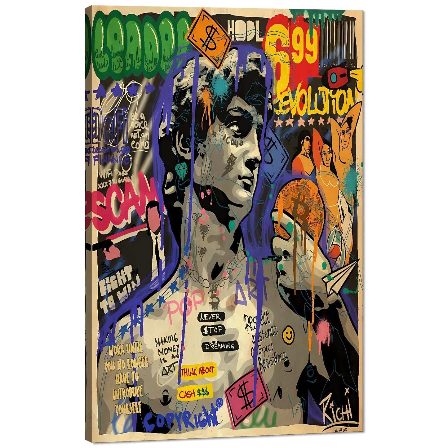 MAMAGO Modern Canvas Wall Art Graffiti Bitcoin and Angel Prints Painting Abstract Colorful Street Pop Art Poster Home Decor for Living Room Bedroom Office Wall Decor Framed Easy to Hang-28 x 44 inch