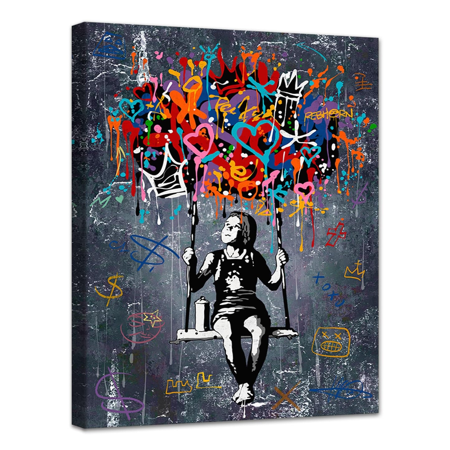 MAMAGO Modern Canvas Wall Art Graffiti Bitcoin and Angel Prints Painting Abstract Colorful Street Pop Art Poster Home Decor for Living Room Bedroom Office Wall Decor Framed Easy to Hang-28 x 44 inch