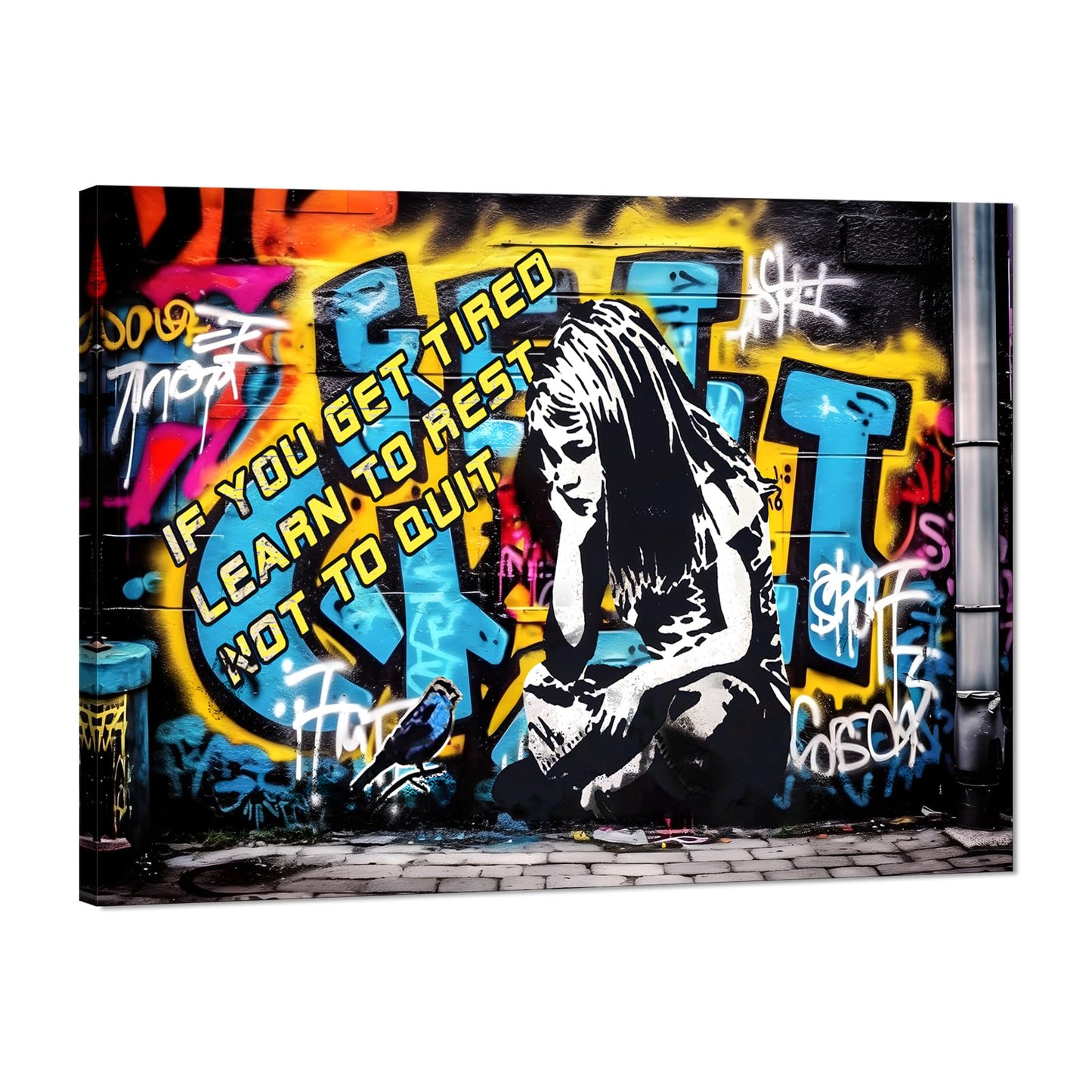 MAMAGO Modern Canvas Wall Art Graffiti Bitcoin and Angel Prints Painting Abstract Colorful Street Pop Art Poster Home Decor for Living Room Bedroom Office Wall Decor Framed Easy to Hang-28 x 44 inch
