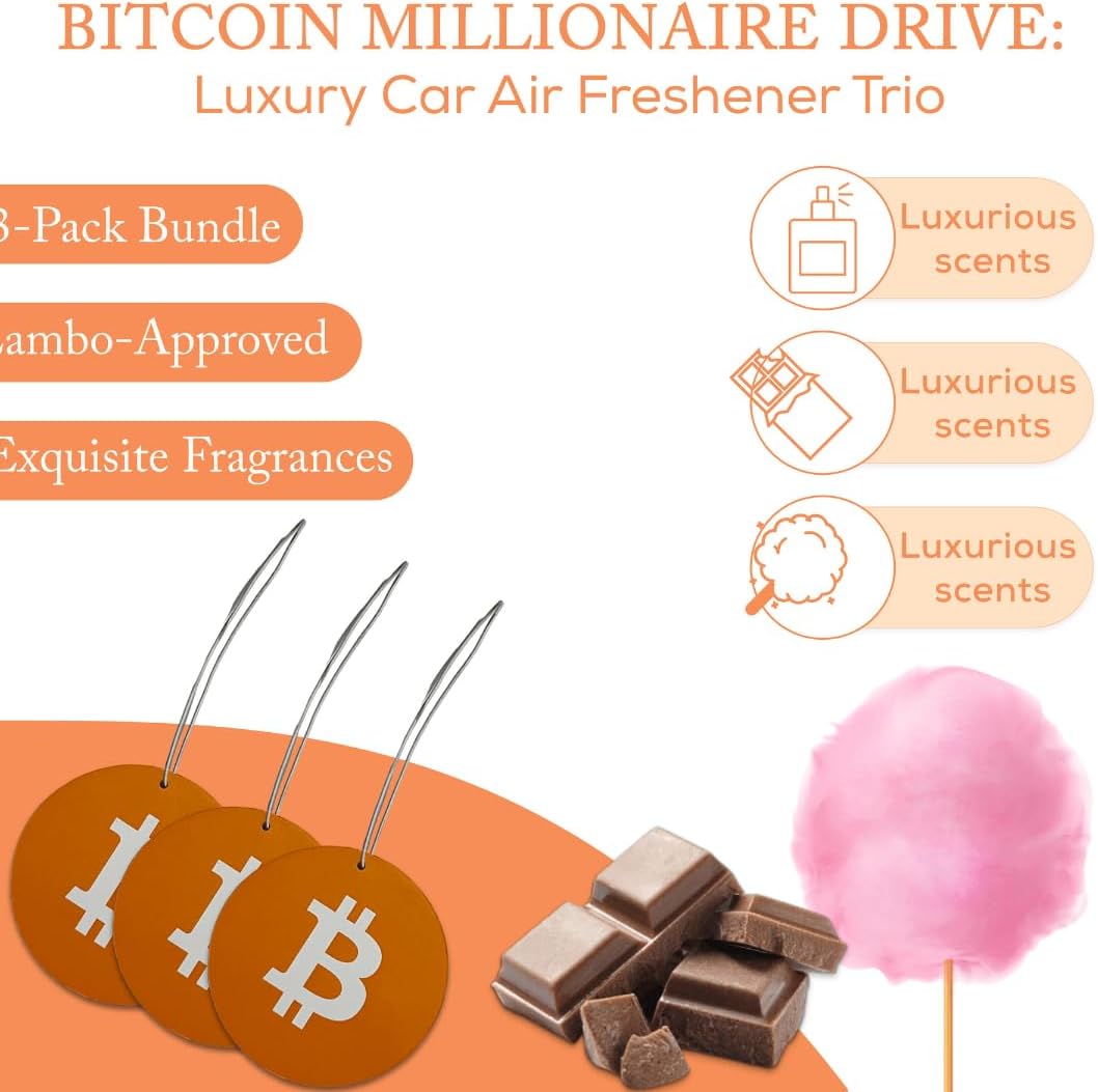 Bitcoin Car Air Fresheners Ride in Style with Bitcoin Millionaire: Lambo-Approved Air Fresheners - Chocolate, Cotton Candy, and New Car Fragrances in One Exquisite 3-Pack!
