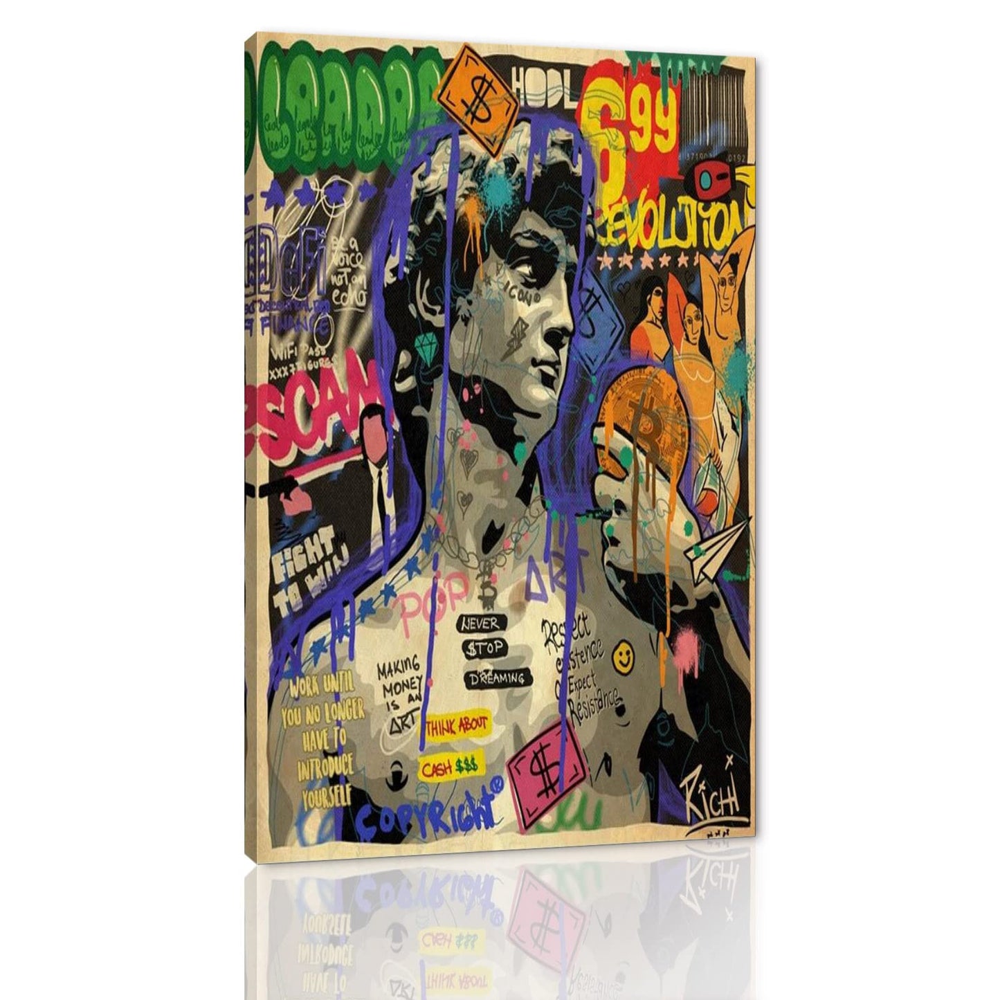 MAMAGO Modern Canvas Wall Art Graffiti Bitcoin and Angel Prints Painting Abstract Colorful Street Pop Art Poster Home Decor for Living Room Bedroom Office Wall Decor Framed Easy to Hang-28 x 44 inch