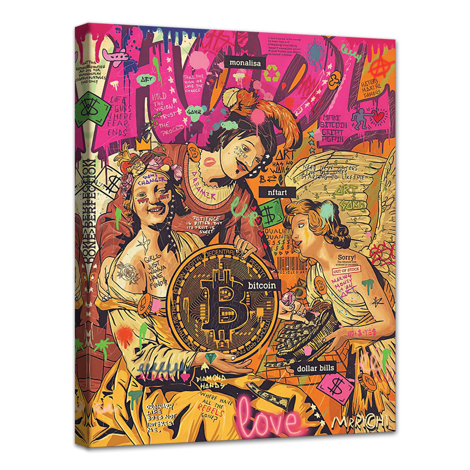 MAMAGO Modern Canvas Wall Art Graffiti Bitcoin and Angel Prints Painting Abstract Colorful Street Pop Art Poster Home Decor for Living Room Bedroom Office Wall Decor Framed Easy to Hang-28 x 44 inch